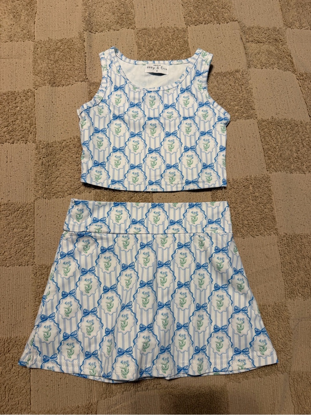 Blue & White Floral Bow Girls Two-Piece Matching Set